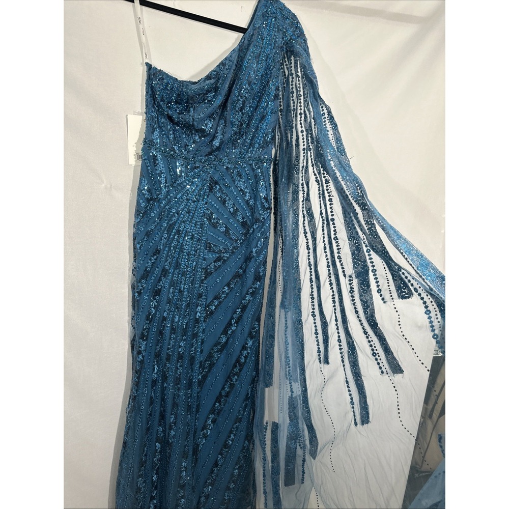 NWT Mac Duggal [ 4 ] 20528 One Shoulder‎ Cape Sleeve Embellished Gown Blue J1911 - Picture 12 of 15